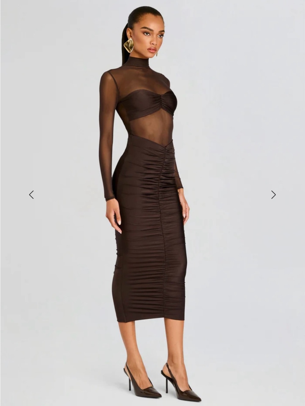 SER.O.YA Levina Mesh Ruched Maxi Dress Brown M - Picture 3 of 10